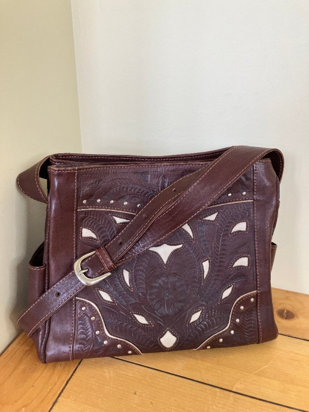 Ropin West Tooled Leather Shoulder Bag 3-Section Purse Brown/Cream Western Motif